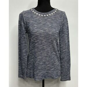 J.Crew Womens XS Blue White Marled Cotton Embellished Crystal Neck Top A2561